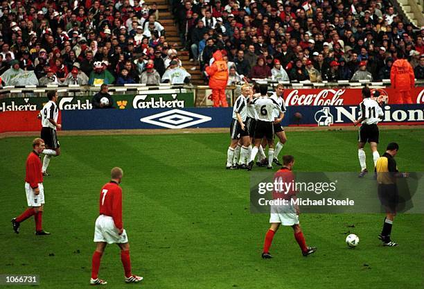 Germany celebrates Dietmar Hamann winning goal during the match between England and Germany in the European Group Nine World Cup Qualifier at Wembley...