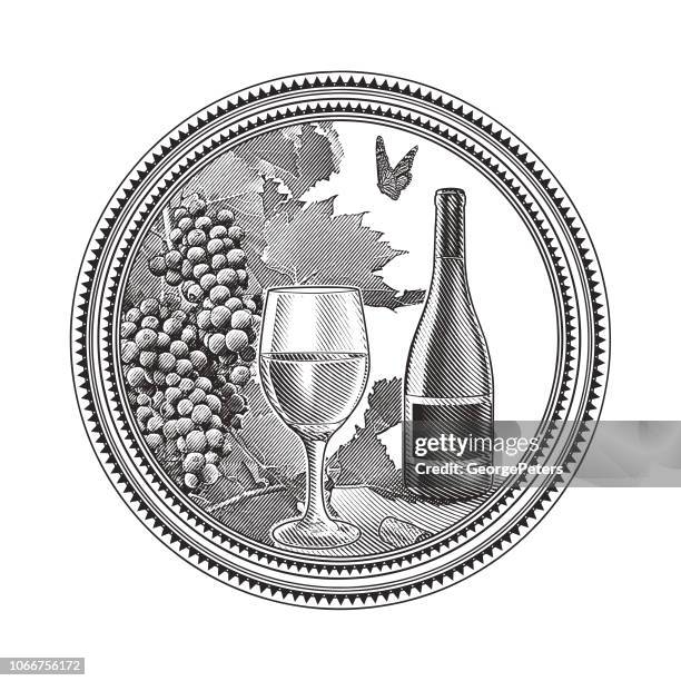 vineyard grapes and glass of wine in circle frame - wine maker stock illustrations