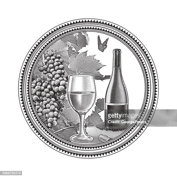 葡萄園葡萄和葡萄酒在圓框架 - wine 幅插畫檔、美工圖案、卡通及圖標
