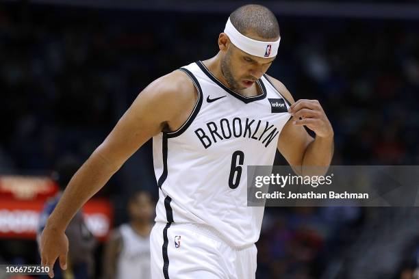 Jared Dudley of the Brooklyn Nets reacts during the second half against the New Orleans Pelicans at the Smoothie King Center on October 26, 2018 in...