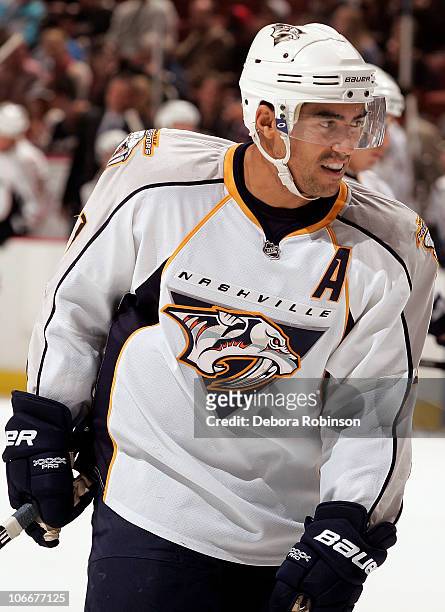 Francis Bouillon of the Nashville Predators skates on the ice during a break in action during the game against the Anaheim Ducks on November 7, 2010...