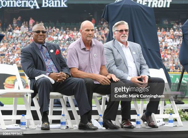 Former Detroit Tigers teammates Lou Whitaker, Kirk Gibson and Jack Morris sit together for a pre-game ceremony prior to the game between the Detroit...