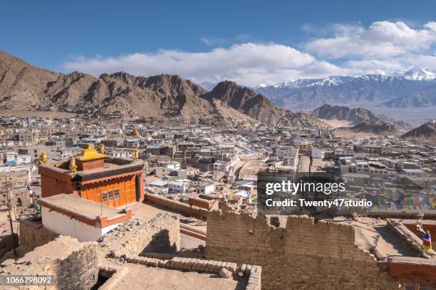 aerial view of leh city in ladakh, north india - leh stock pictures, royalty-free photos & images