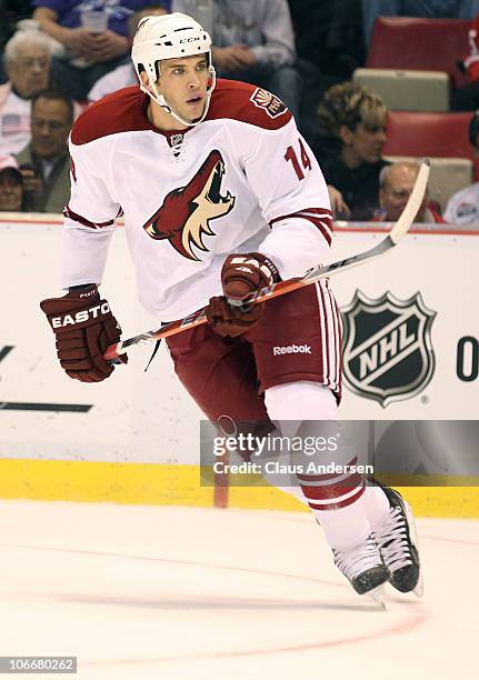 Taylor Pyatt of the Phoenix Coyotes skates in a game against the Detroit Red Wings on November 8,2010 at the Joe Louis Arena in Detroit, Michigan....