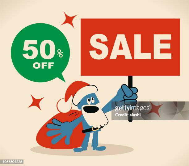 cute blue santa claus holding sale sign - cosplay stock illustrations