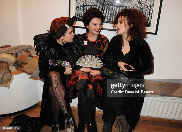 Paloma Faith, Lulu Guinness and Helena Bonham Carter attend the Lulu Guinness and Rob Ryan Fan Bag launch party at the Air Gallery on November 10,...