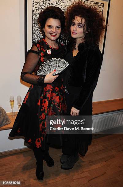 Lulu Guinness and Helena Bonham Carter attend the Lulu Guinness and Rob Ryan Fan Bag launch party at the Air Gallery on November 10, 2010 in London,...
