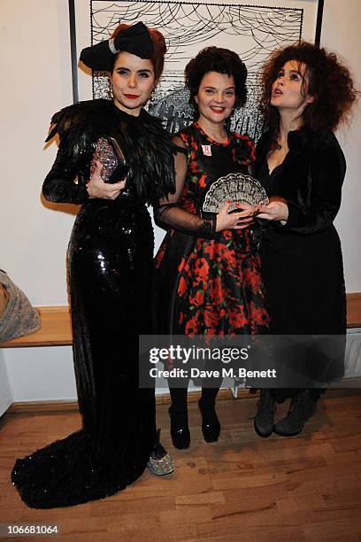 Paloma Faith, Lulu Guinness and Helena Bonham Carter attend the Lulu Guinness and Rob Ryan Fan Bag launch party at the Air Gallery on November 10,...