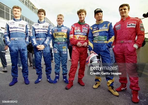 British drivers David Coulthard and Damon Hill of Williams, Johnny Herbert of Benetton, Eddie Irvine of Jordan, Martin Brundle of Ligier and Mark...