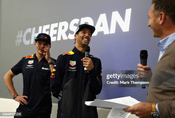 Max Verstappen of Netherlands and Red Bull Racing, Daniel Ricciardo of Australia and Red Bull Racing and Red Bull Racing Team Principal Christian...
