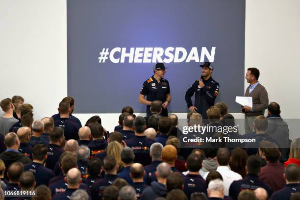 Max Verstappen of Netherlands and Red Bull Racing, Daniel Ricciardo of Australia and Red Bull Racing and Red Bull Racing Team Principal Christian...