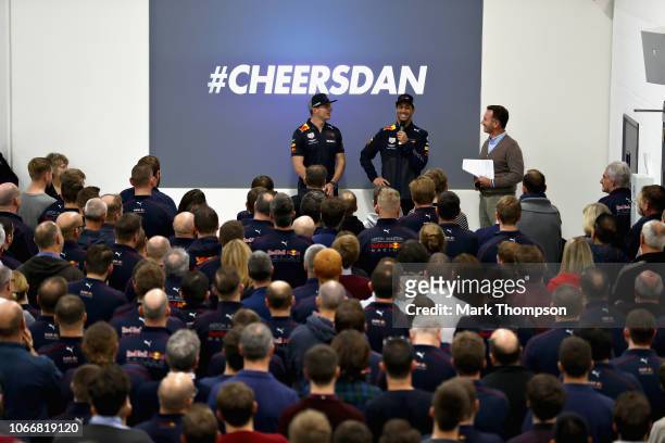 Max Verstappen of Netherlands and Red Bull Racing, Daniel Ricciardo of Australia and Red Bull Racing and Red Bull Racing Team Principal Christian...