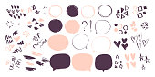 Vector collection of abstract hand drawn doodle elements in sketch style on white background - heart, star, line waves,  lipstick stroke, geometric shapes, speech bubbles.