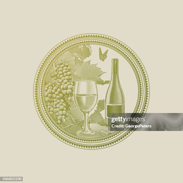 weinberg trauben und wein im kreis frame - wein etikette stock-grafiken, -clipart, -cartoons und -symbole