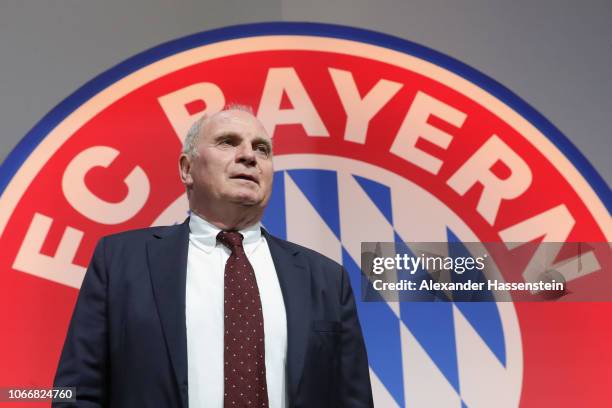President Uli Hoeness arrives for the FC Bayern Muenchen Annual General Assembly at Audi-Dome on November 30, 2018 in Munich, Germany.