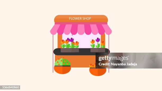 flower shop with baskets of flower icon - flower shop stock illustrations