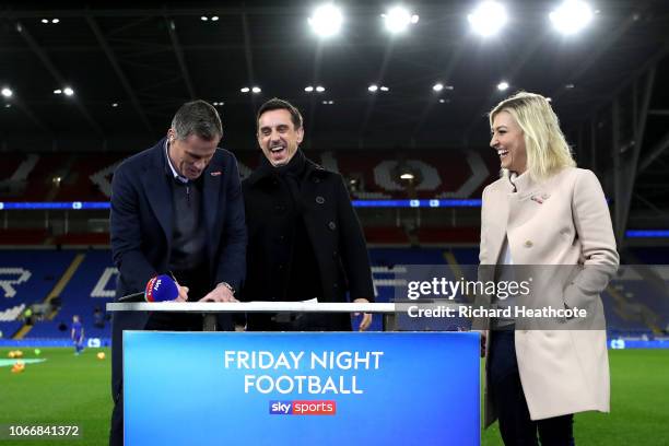 The Sky Sports team including, Jamie Carragher, Gary Neville and Kelly Cates ahead of the Premier League match between Cardiff City and Wolverhampton...