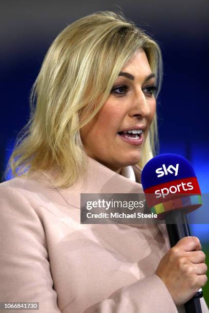 Sky Sports news presenter, Kelly Kates speaks ahead of the Premier League match between Cardiff City and Wolverhampton Wanderers at Cardiff City...