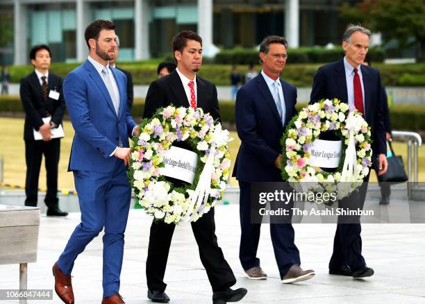 Outfielder Mitch Haniger of the Seattle Mariners, pitcher Kenta Maeda of the Los Angeles Dodgers, manager Don Mattingly of the Miami Marlins and MLB...