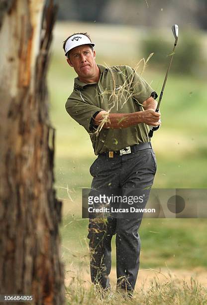 Stuart Appleby of Australia plays a shot during day one of the Australian Masters at The Victoria Golf Club on November 11, 2010 in Melbourne,...