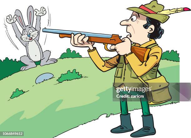 rabbit and hunter - hunting stock illustrations