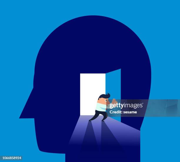 businessman pushes the door of the brain - open mind stock illustrations