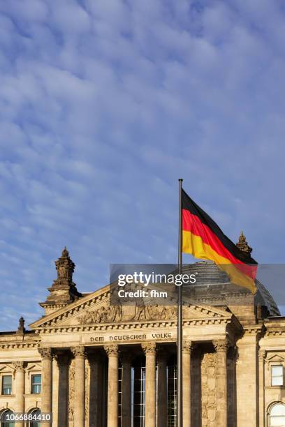 reichstag building with german flag (germany) - deutschland flagge stock-fotos und bilder