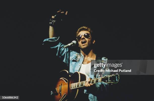 English singer and songwriter George Michael performing on stage during the Japanese/Australasian leg of his Faith World Tour, February-March 1988.