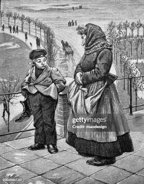 grandmother's portrait with her grandson in wintertime - 1896 - grandmother portrait stock illustrations