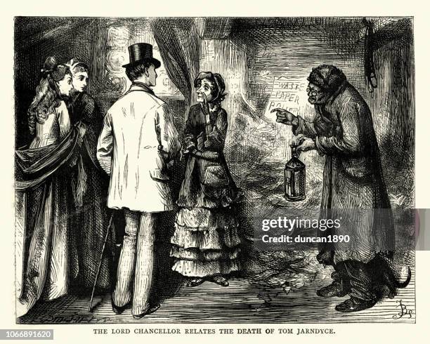 dickens, bleak house, lord chancellor relates death of tom jarndyce - charles dickens stock illustrations