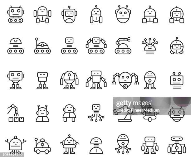 ilustraciones, imágenes clip art, dibujos animados e iconos de stock de conjunto de iconos de robots - bots