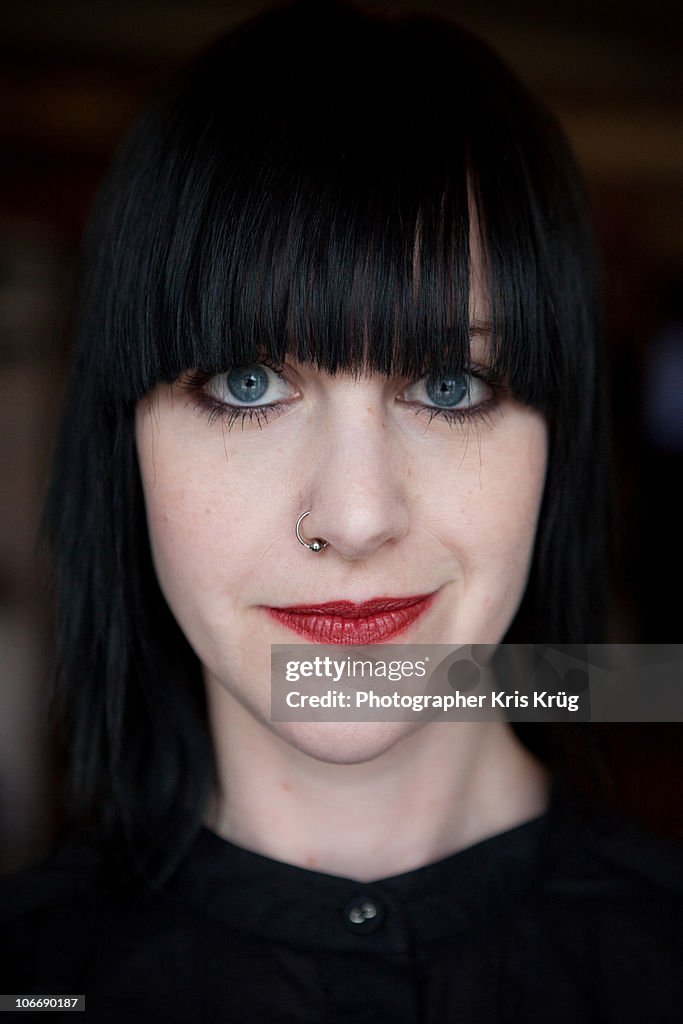 Black Hair Female Bangs Portrait Red Lips High-Res Stock Photo - Getty ...