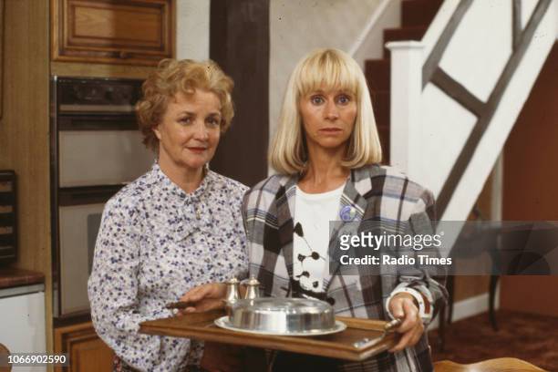 Actors Jean Boht and Rita Tushingham pictured on the set of the BBC television sitcom 'Bread', August 21st 1988.
