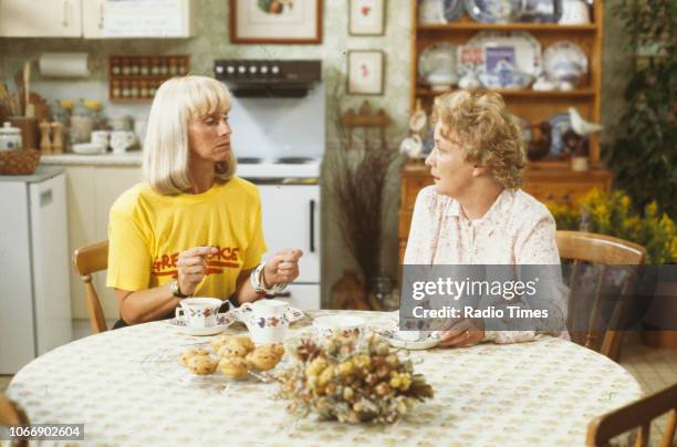 Actors Rita Tushingham and Jean Boht in a kitchen scene from the BBC television sitcom 'Bread', August 21st 1988.