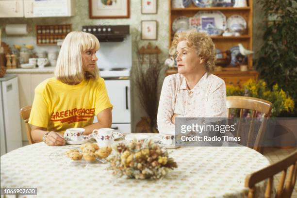 Actors Rita Tushingham and Jean Boht in a kitchen scene from the BBC television sitcom 'Bread', August 21st 1988.