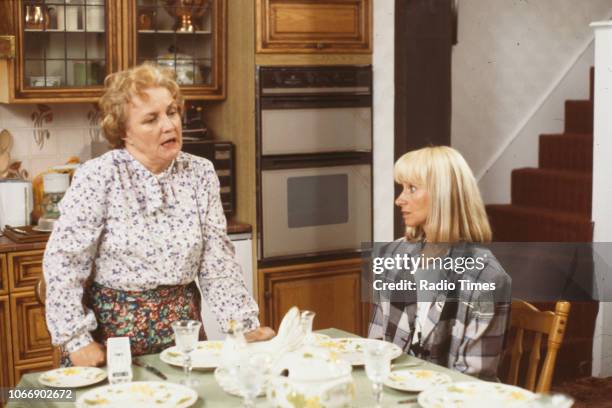 Actors Jean Boht and Rita Tushingham in a kitchen scene from the BBC television sitcom 'Bread', August 21st 1988.