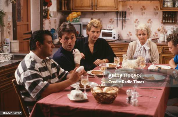 Actors Victor McGuire, Bryan Murray, Graham Bickley, Jean Boht and Nick Conway in a kitchen scene from the BBC television sitcom 'Bread', July 30th...