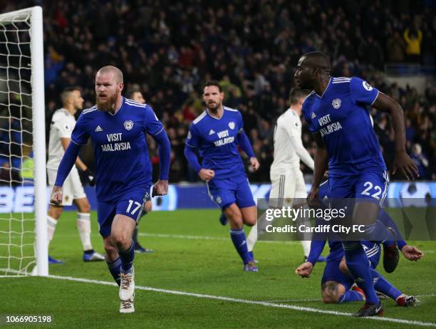 Aron Gunnarsson celebrates scoring the first goal for Cardiff City during the Premier League match between Cardiff City and Wolverhampton Wanderers...