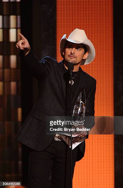 Musician Brad Paisley accepts an award onstage at the 44th Annual CMA Awards at the Bridgestone Arena on November 10, 2010 in Nashville, Tennessee.