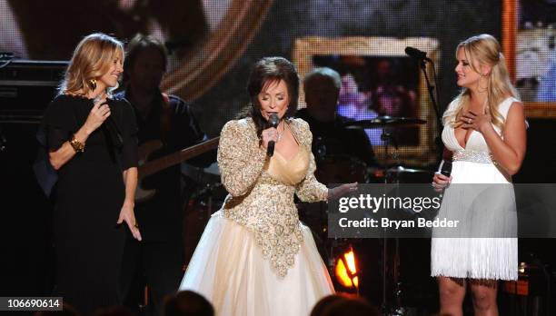 Sheryl Crow, Loretta Lynn and Miranda Lambert perform onstage at the 44th Annual CMA Awards at the Bridgestone Arena on November 10, 2010 in...