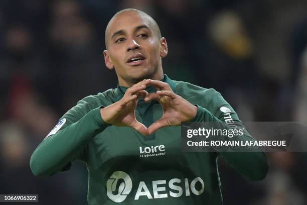 Saint-Etienne's Tunisian midfielder Wahbi Khazri celebrates after scoring a goal during the French L1 football match between Saint-Etienne and Nantes...