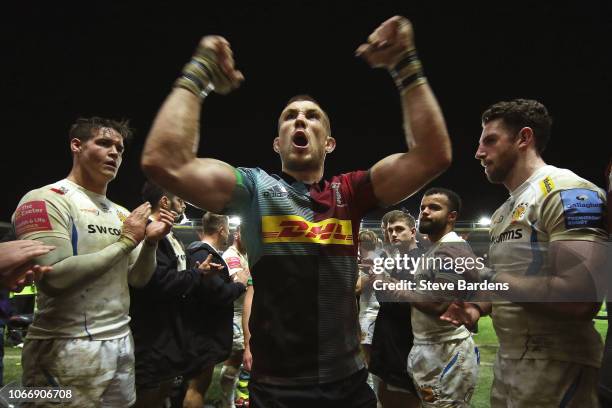 Mike Brown of Harlequins celebrates their victory over Exeter Chiefs after the Gallagher Premiership Rugby match between Harlequins and Exeter Chiefs...