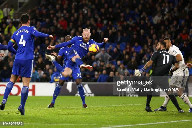 Aron Gunnarsson of Cardiff City scores a goal to make it 1-1 during the Premier League match between Cardiff City and Wolverhampton Wanderers at...