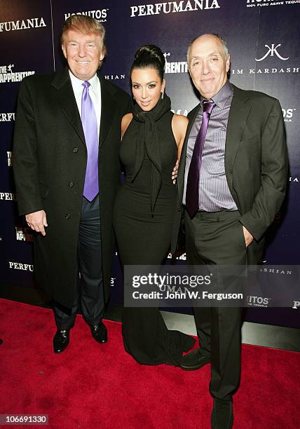 Donald Trump, Kim Kardashian, and Perfumania's Steven Nussdorf celebrates Kim Kardashian's appearance on "The Apprentice" at Provacateur on November...