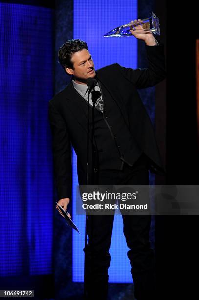 Musician Blake Shelton accepts award for Male Vocalist of the Year at the 44th Annual CMA Awards at the Bridgestone Arena on November 10, 2010 in...