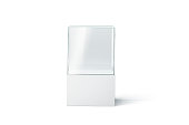 Blank white glass showcase mockup, isolated, front view