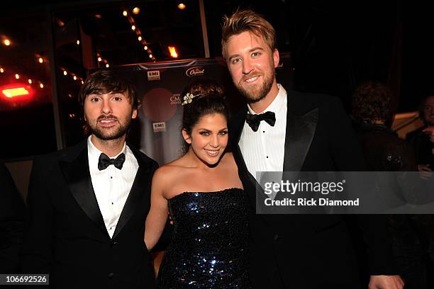 Dave Haywood, Hillary Scott and Charles Kelley of Lady Antebellum attend the Capitol Records Party following the 44th Annual CMA Awards at Sambuca on...