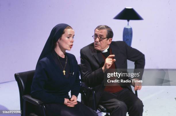 Actors Celia Imrie and John Nettleton in a scene from the Christmas special episode of the BBC television series 'Victoria Wood: As Seen on TV', June...