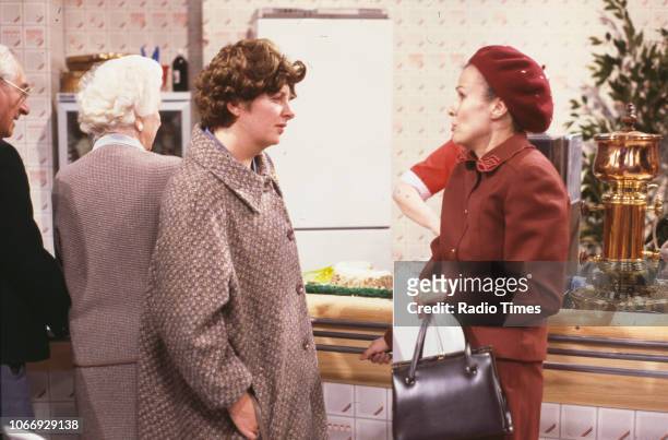 Actresses Julie Walters and Victoria Wood pictured on set filming scenes for the Christmas special episode of the BBC television series 'Victoria...