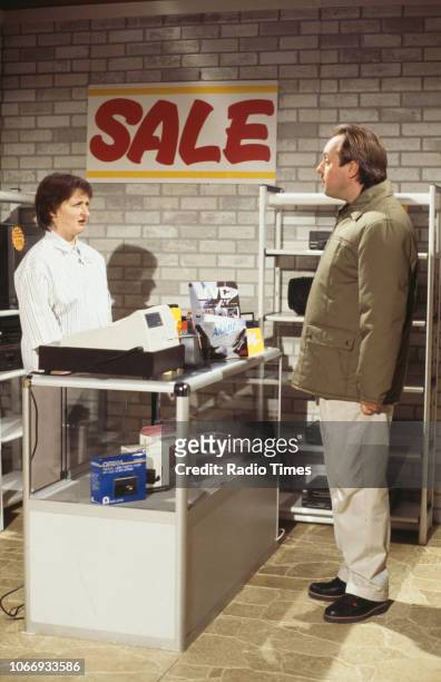 Comic actors Janine Duvitski and Robert Daws in a sketch from the BBC television series 'A Bit of Fry and Laurie', April 12th 1994.